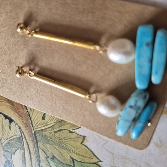 Turquoise and Pearl Drop Earrings - Picture 3 of 4